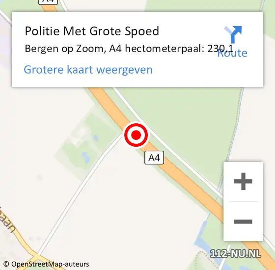 Locatie op kaart van de 112 melding: Politie Met Grote Spoed Naar Bergen op Zoom, A4 hectometerpaal: 230,1 op 23 februari 2022 01:37