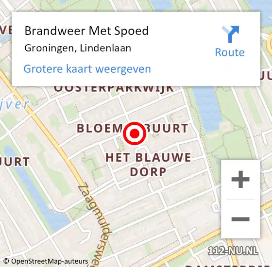 Locatie op kaart van de 112 melding: Brandweer Met Spoed Naar Groningen, Lindenlaan op 10 maart 2022 18:33