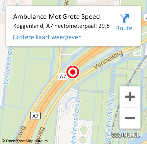 Locatie op kaart van de 112 melding: Ambulance Met Grote Spoed Naar Koggenland, A7 hectometerpaal: 29,5 op 3 april 2022 13:19