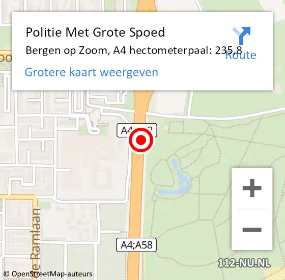 Locatie op kaart van de 112 melding: Politie Met Grote Spoed Naar Bergen op Zoom, A4 hectometerpaal: 235,8 op 17 april 2022 02:03