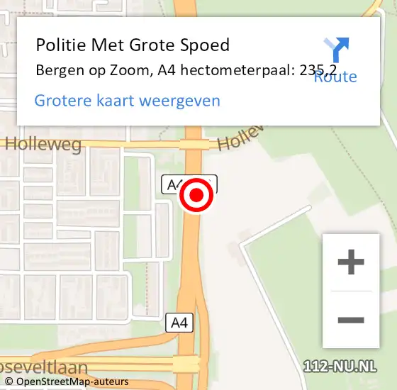 Locatie op kaart van de 112 melding: Politie Met Grote Spoed Naar Bergen op Zoom, A4 hectometerpaal: 235,2 op 12 juni 2022 20:50