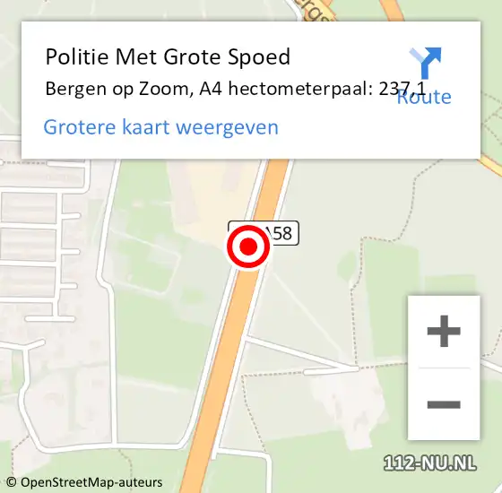 Locatie op kaart van de 112 melding: Politie Met Grote Spoed Naar Bergen op Zoom, A4 hectometerpaal: 237,1 op 6 augustus 2022 14:10