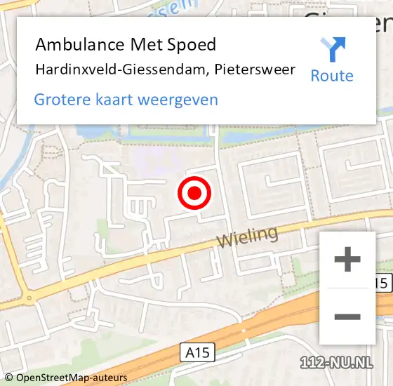 Locatie op kaart van de 112 melding: Ambulance Met Spoed Naar Hardinxveld-Giessendam, Pietersweer op 2 oktober 2022 00:50