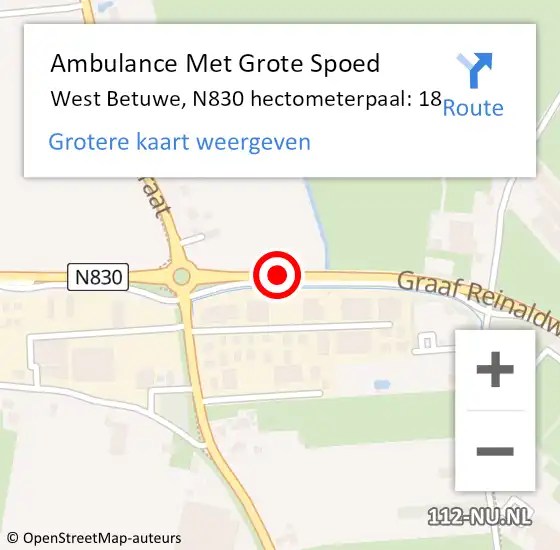 Locatie op kaart van de 112 melding: Ambulance Met Grote Spoed Naar West Betuwe, N830 hectometerpaal: 18 op 16 oktober 2022 21:48