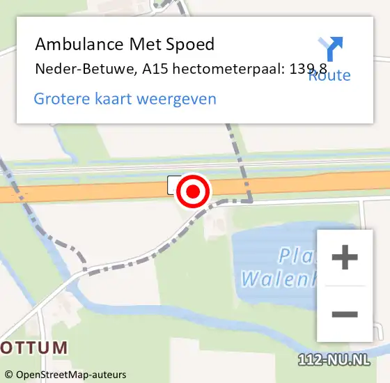 Locatie op kaart van de 112 melding: Ambulance Met Spoed Naar Neder-Betuwe, A15 hectometerpaal: 139,8 op 15 november 2022 20:59
