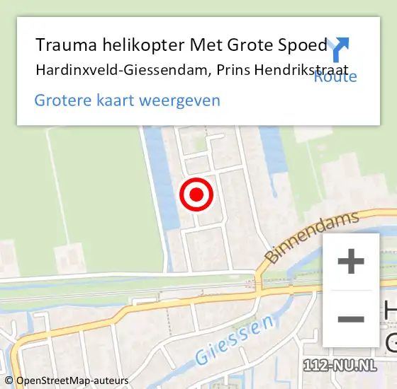 Locatie op kaart van de 112 melding: Trauma helikopter Met Grote Spoed Naar Hardinxveld-Giessendam, Prins Hendrikstraat op 3 december 2022 19:27
