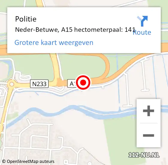Locatie op kaart van de 112 melding: Politie Neder-Betuwe, A15 hectometerpaal: 141 op 14 februari 2023 18:51