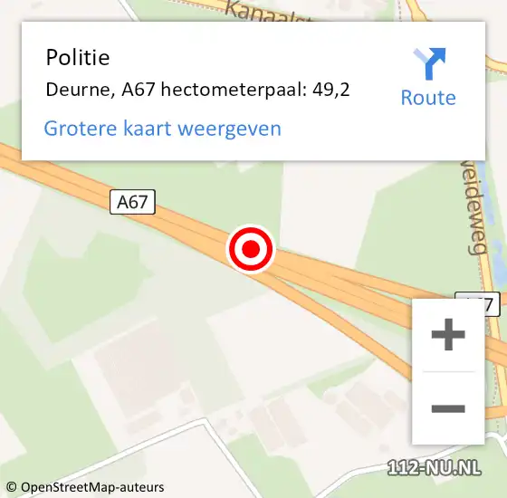 Locatie op kaart van de 112 melding: Politie Deurne, A67 hectometerpaal: 49,2 op 4 april 2023 10:34