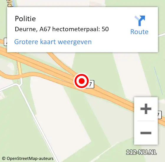 Locatie op kaart van de 112 melding: Politie Deurne, A67 hectometerpaal: 50 op 4 april 2023 10:34