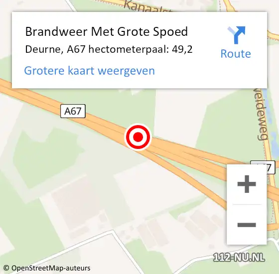 Locatie op kaart van de 112 melding: Brandweer Met Grote Spoed Naar Deurne, A67 hectometerpaal: 49,2 op 4 april 2023 10:35