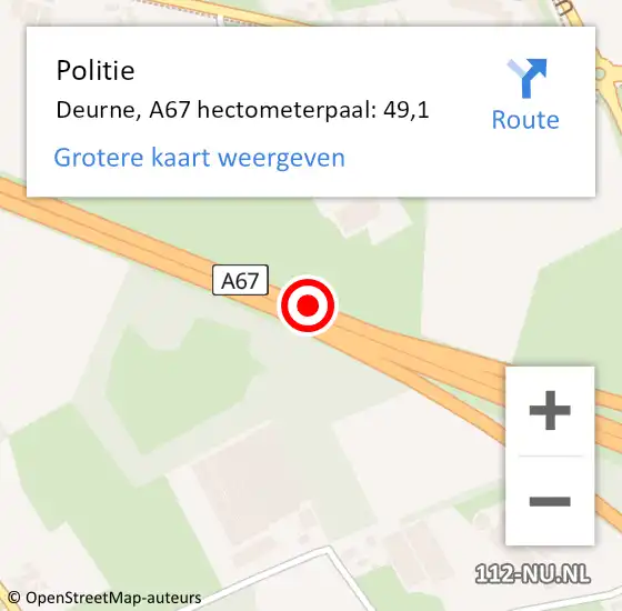 Locatie op kaart van de 112 melding: Politie Deurne, A67 hectometerpaal: 49,1 op 4 april 2023 10:36