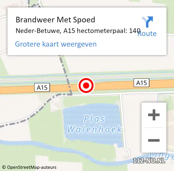 Locatie op kaart van de 112 melding: Brandweer Met Spoed Naar Neder-Betuwe, A15 hectometerpaal: 140 op 28 juli 2023 22:30
