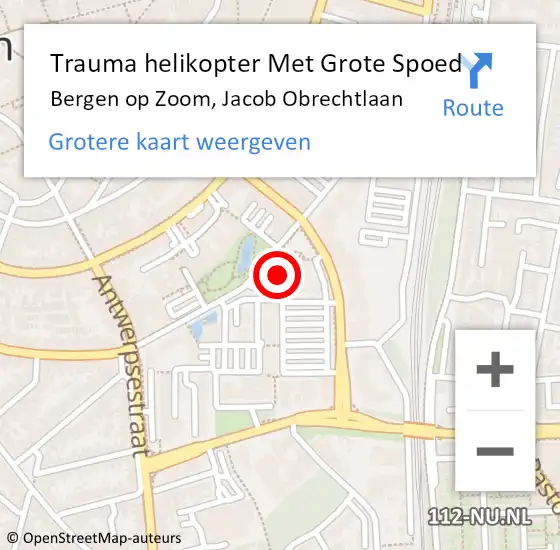 Locatie op kaart van de 112 melding: Trauma helikopter Met Grote Spoed Naar Bergen op Zoom, Jacob Obrechtlaan op 18 augustus 2023 23:09