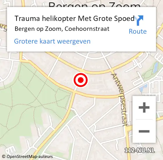 Locatie op kaart van de 112 melding: Trauma helikopter Met Grote Spoed Naar Bergen op Zoom, Coehoornstraat op 28 oktober 2023 23:30