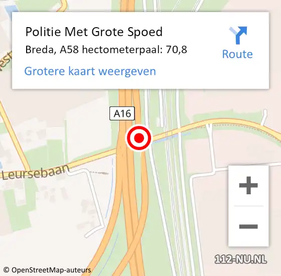 Locatie op kaart van de 112 melding: Politie Met Grote Spoed Naar Breda, A58 hectometerpaal: 70,8 op 29 oktober 2023 18:05