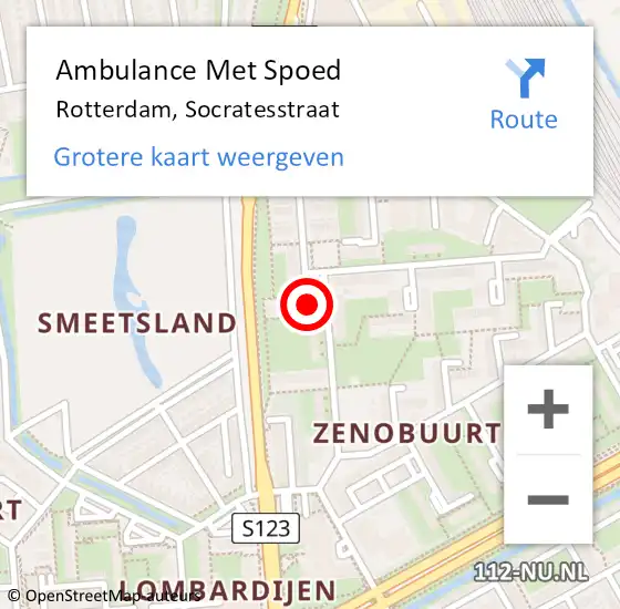 Locatie op kaart van de 112 melding: Ambulance Met Spoed Naar Rotterdam, Socratesstraat op 15 november 2023 20:11