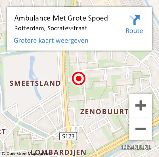 Locatie op kaart van de 112 melding: Ambulance Met Grote Spoed Naar Rotterdam, Socratesstraat op 24 november 2023 19:25