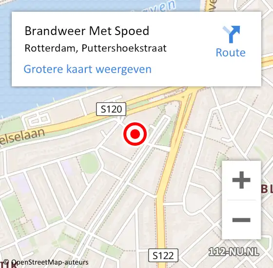 Locatie op kaart van de 112 melding: Brandweer Met Spoed Naar Rotterdam, Puttershoekstraat op 9 december 2023 13:50