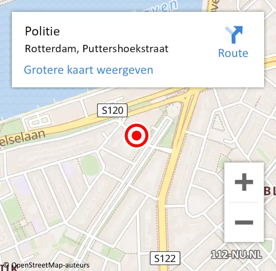 Locatie op kaart van de 112 melding: Politie Rotterdam, Puttershoekstraat op 4 januari 2024 09:58
