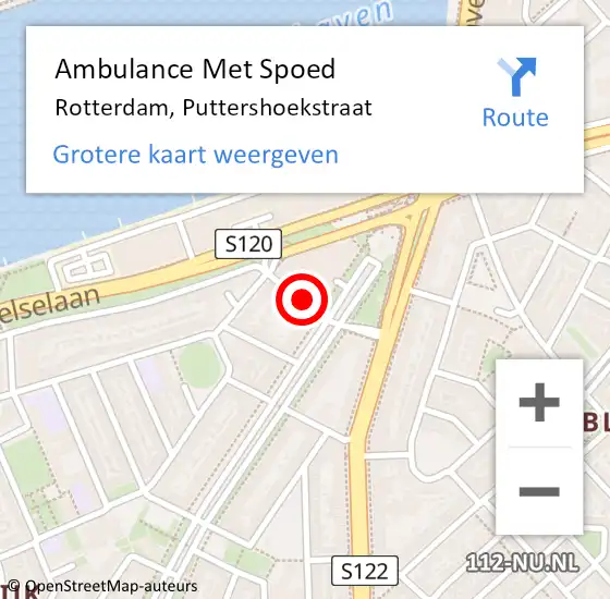 Locatie op kaart van de 112 melding: Ambulance Met Spoed Naar Rotterdam, Puttershoekstraat op 10 januari 2024 21:34