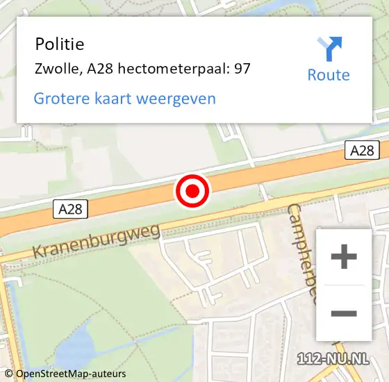 Locatie op kaart van de 112 melding: Politie Zwolle, A28 hectometerpaal: 97 op 12 april 2024 13:34