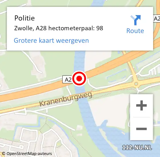 Locatie op kaart van de 112 melding: Politie Zwolle, A28 hectometerpaal: 98 op 12 april 2024 13:36