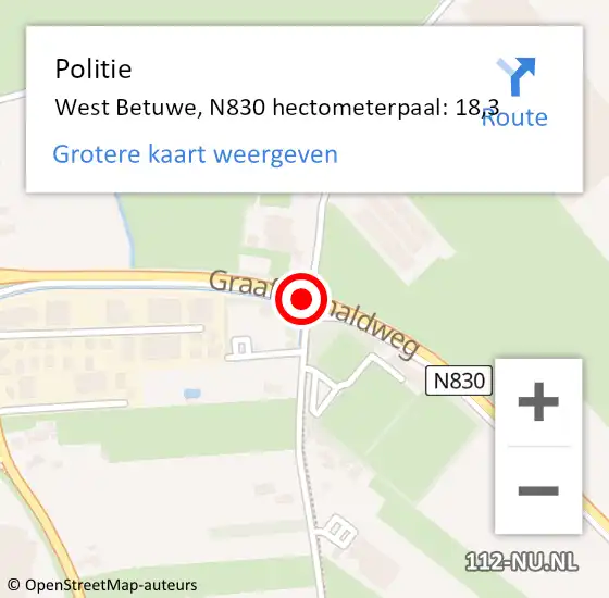 Locatie op kaart van de 112 melding: Politie West Betuwe, N830 hectometerpaal: 18,3 op 19 april 2024 16:24