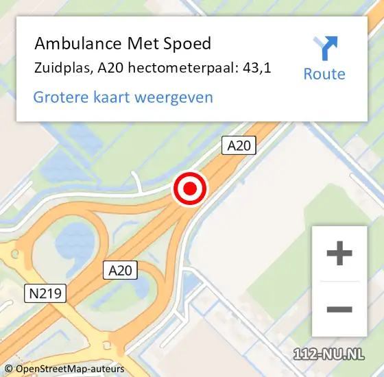 Locatie op kaart van de 112 melding: Ambulance Met Spoed Naar Zuidplas, A20 hectometerpaal: 43,1 op 19 april 2024 18:53