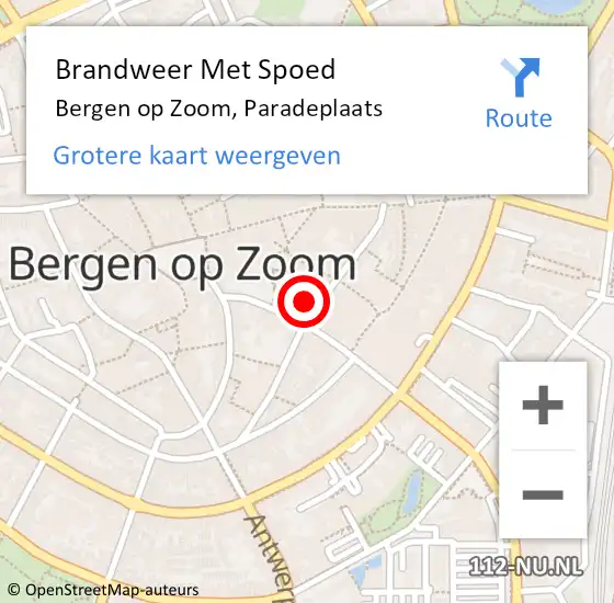 Locatie op kaart van de 112 melding: Brandweer Met Spoed Naar Bergen op Zoom, Paradeplaats op 20 april 2024 11:08