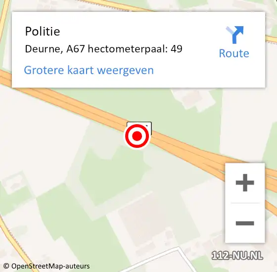 Locatie op kaart van de 112 melding: Politie Deurne, A67 hectometerpaal: 49 op 22 april 2024 08:42