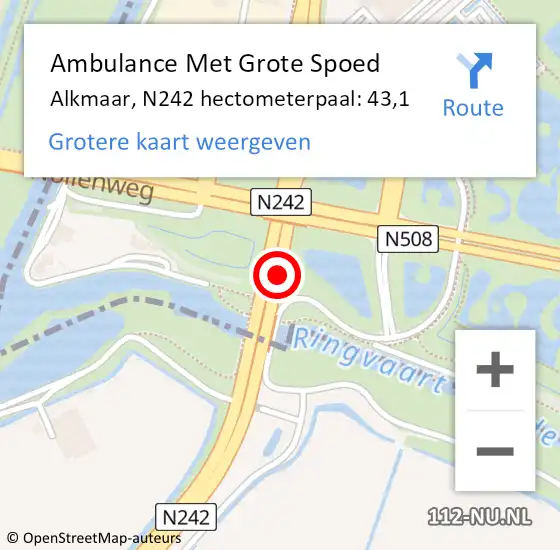 Locatie op kaart van de 112 melding: Ambulance Met Grote Spoed Naar Alkmaar, N242 hectometerpaal: 43,1 op 24 april 2024 13:26