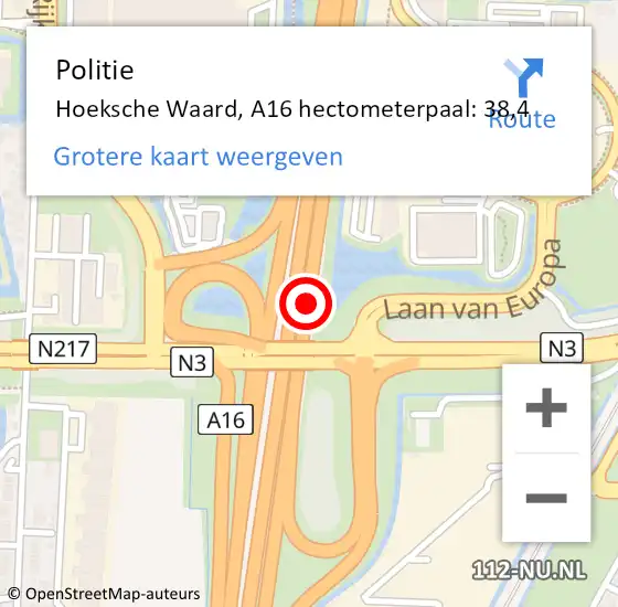 Locatie op kaart van de 112 melding: Politie Hoeksche Waard, A16 hectometerpaal: 38,4 op 24 april 2024 17:28