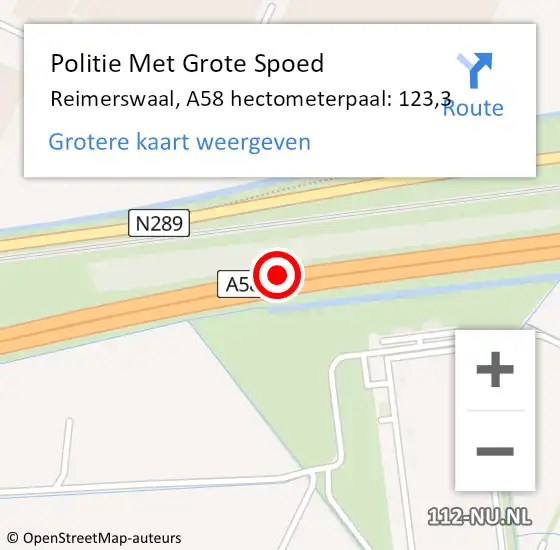 Locatie op kaart van de 112 melding: Politie Met Grote Spoed Naar Reimerswaal, A58 hectometerpaal: 123,3 op 26 april 2024 10:46