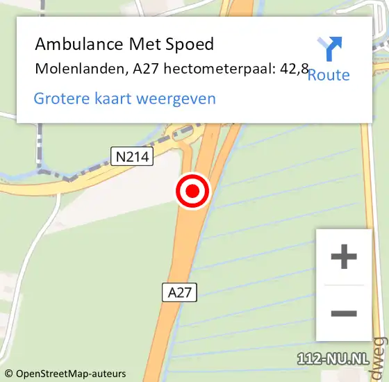 Locatie op kaart van de 112 melding: Ambulance Met Spoed Naar Molenlanden, A27 hectometerpaal: 42,8 op 26 april 2024 13:27