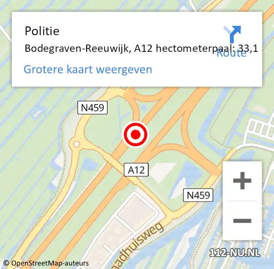 Locatie op kaart van de 112 melding: Politie Bodegraven-Reeuwijk, A12 hectometerpaal: 33,1 op 27 april 2024 03:50