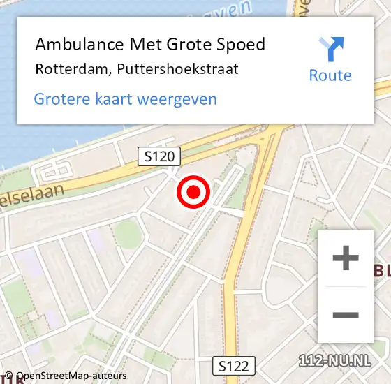 Locatie op kaart van de 112 melding: Ambulance Met Grote Spoed Naar Rotterdam, Puttershoekstraat op 27 april 2024 07:11