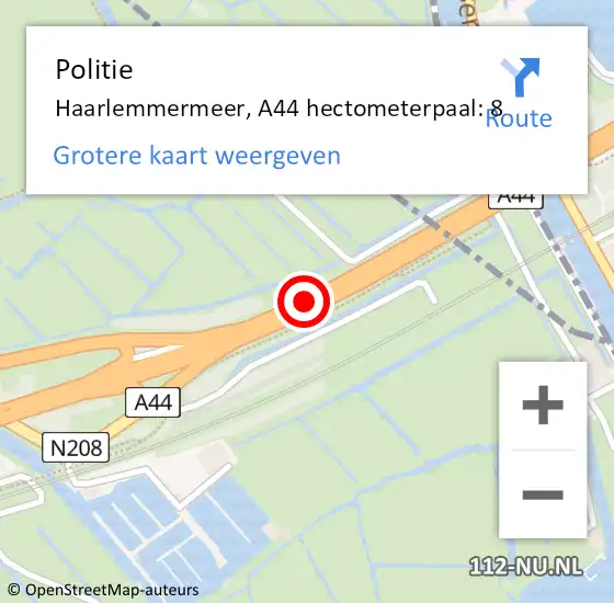 Locatie op kaart van de 112 melding: Politie Haarlemmermeer, A44 hectometerpaal: 8 op 29 april 2024 10:23