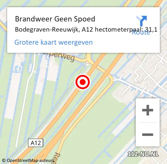 Locatie op kaart van de 112 melding: Brandweer Geen Spoed Naar Bodegraven-Reeuwijk, A12 hectometerpaal: 31,1 op 30 april 2024 16:08