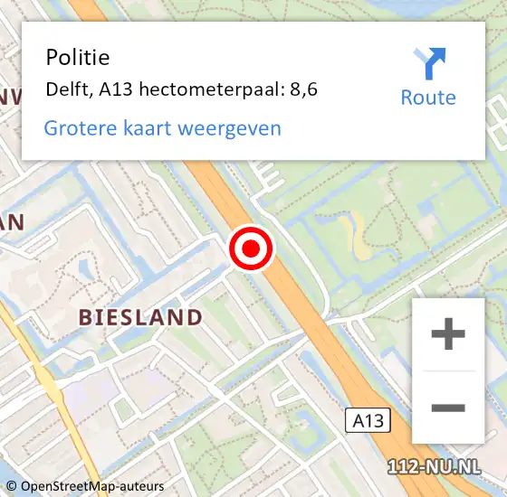 Locatie op kaart van de 112 melding: Politie Delft, A13 hectometerpaal: 8,6 op 30 april 2024 22:52