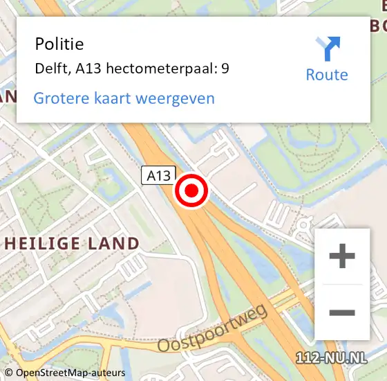 Locatie op kaart van de 112 melding: Politie Delft, A13 hectometerpaal: 9 op 1 mei 2024 01:12