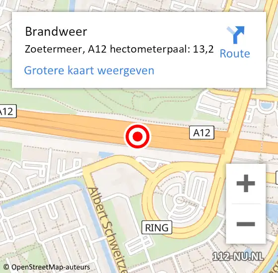 Locatie op kaart van de 112 melding: Brandweer Zoetermeer, A12 hectometerpaal: 13,2 op 1 mei 2024 07:28