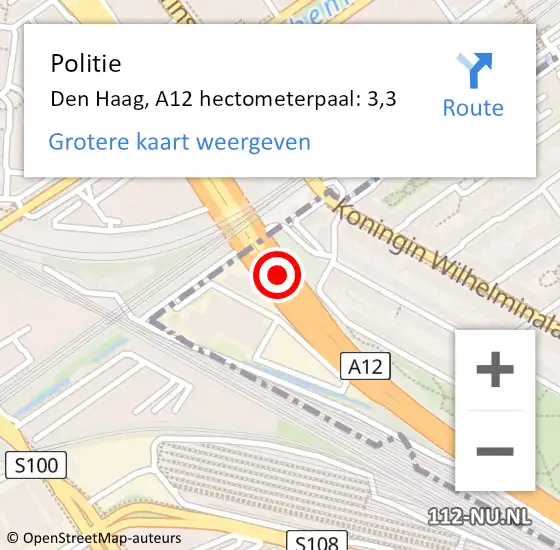 Locatie op kaart van de 112 melding: Politie Den Haag, A12 hectometerpaal: 3,3 op 1 mei 2024 09:51
