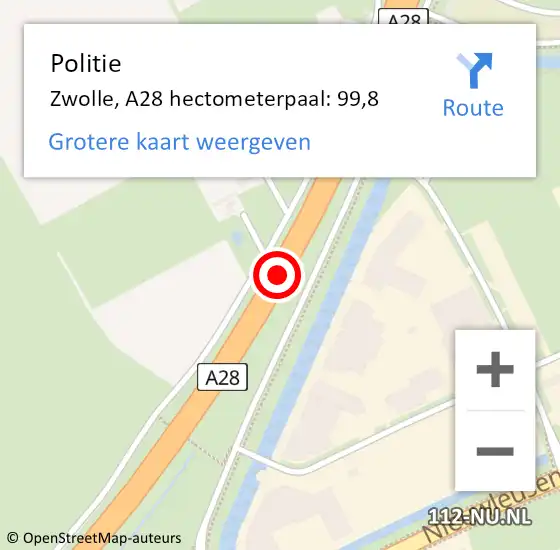 Locatie op kaart van de 112 melding: Politie Zwolle, A28 hectometerpaal: 99,8 op 1 mei 2024 10:27