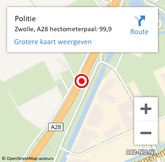 Locatie op kaart van de 112 melding: Politie Zwolle, A28 hectometerpaal: 99,9 op 1 mei 2024 10:28