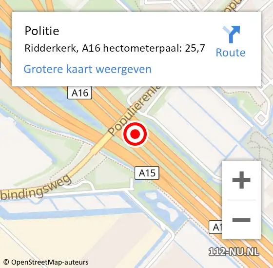 Locatie op kaart van de 112 melding: Politie Ridderkerk, A16 hectometerpaal: 25,7 op 1 mei 2024 13:46