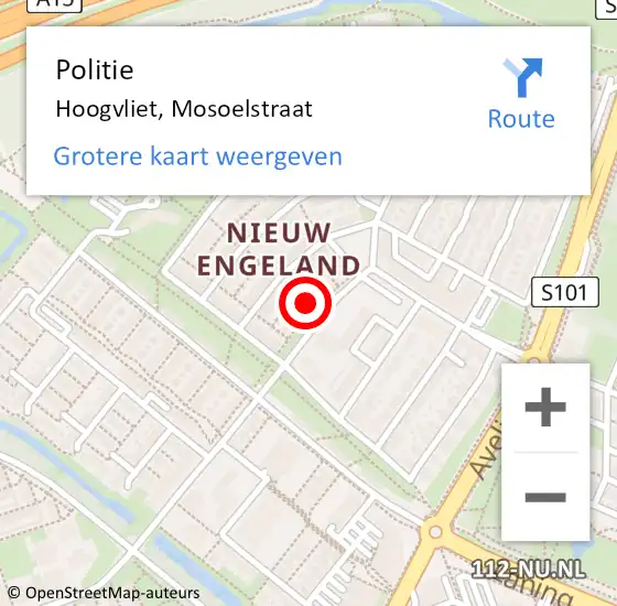 Locatie op kaart van de 112 melding: Politie Hoogvliet, Mosoelstraat op 1 mei 2024 15:36