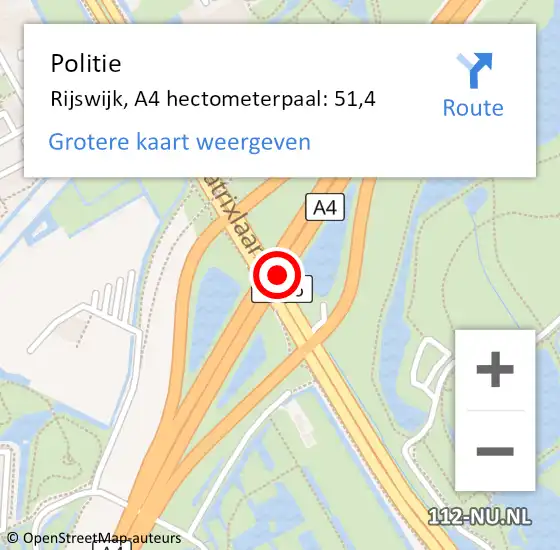 Locatie op kaart van de 112 melding: Politie Rijswijk, A4 hectometerpaal: 51,4 op 1 mei 2024 16:38
