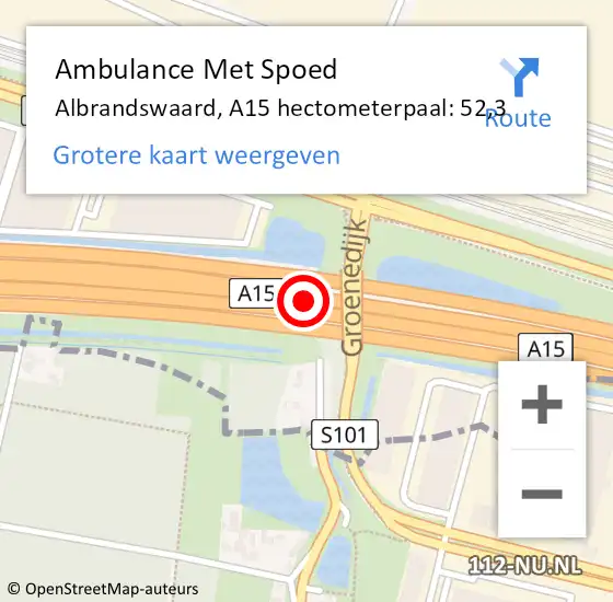 Locatie op kaart van de 112 melding: Ambulance Met Spoed Naar Albrandswaard, A15 hectometerpaal: 52,3 op 1 mei 2024 18:06