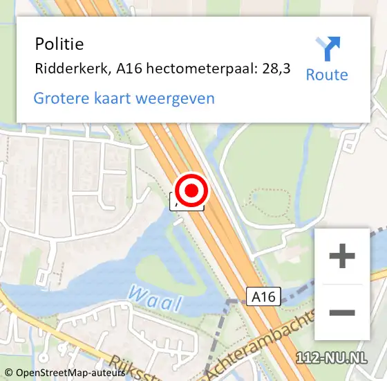 Locatie op kaart van de 112 melding: Politie Ridderkerk, A16 hectometerpaal: 28,3 op 1 mei 2024 20:11