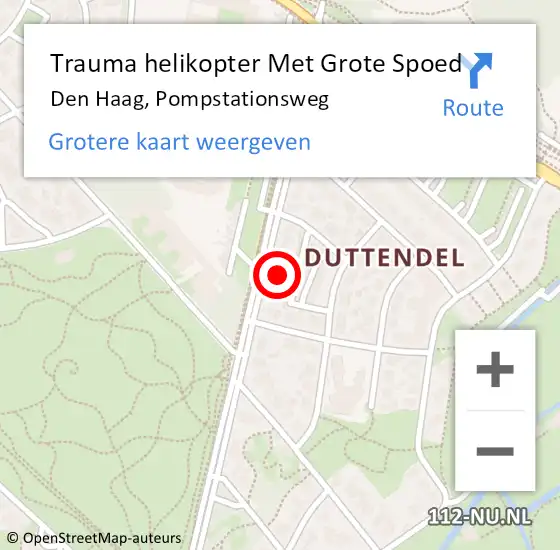 Locatie op kaart van de 112 melding: Trauma helikopter Met Grote Spoed Naar Den Haag, Pompstationsweg op 1 mei 2024 20:34